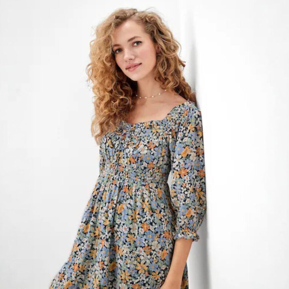 American Eagle Off Shoulder Boho Mini Dress Size S Blue Floral Lined 3/4 Sleeve